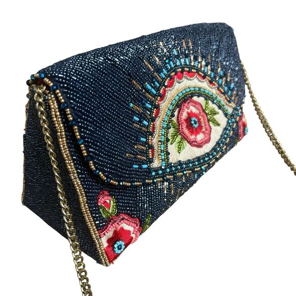 Mary Frances Blue Beaded Mystic Flap Crossbody Bag Gold Chain Crossbody - Picture 3 of 16